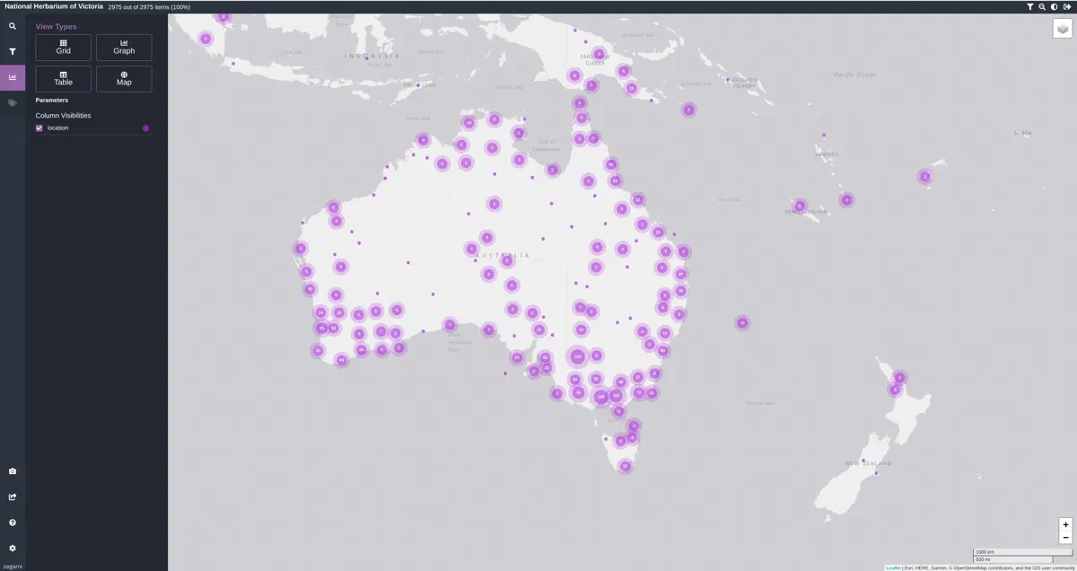 Zegami map view plotting the National Herbarium of Victoria collection as clustered points across Australia and New Zealand