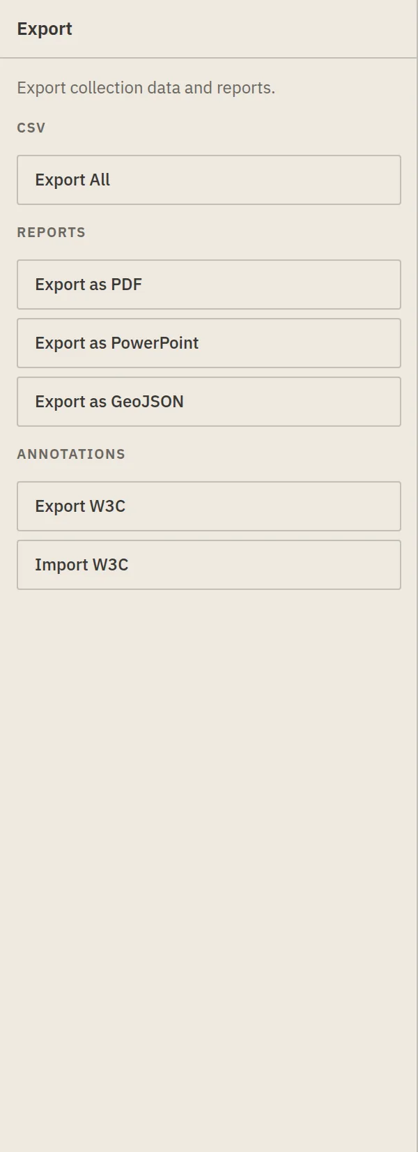 The Export panel listing export formats