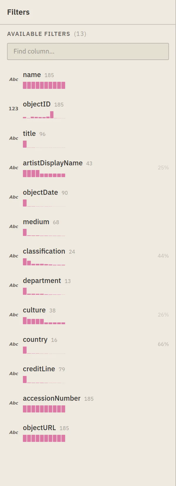 The Filters panel listing collection columns available to filter