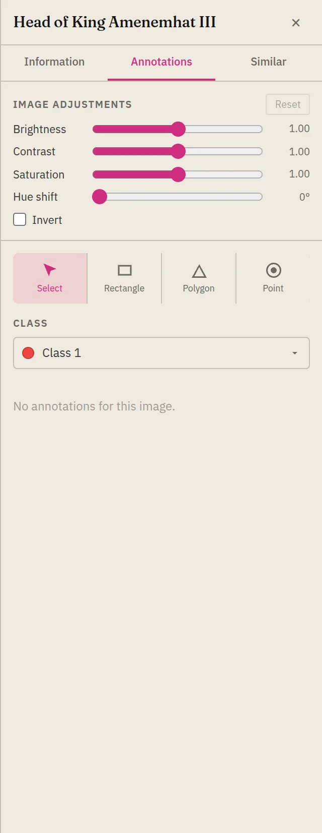 The Inspector Annotations tab with image-adjustment sliders, Select/Rectangle/Polygon/Point tools, and a class picker