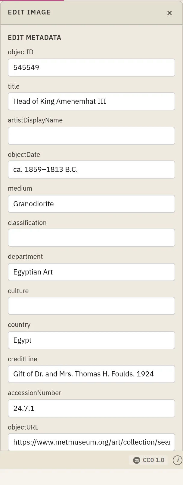 The Edit panel's Edit metadata section with editable fields (objectID, title, artistDisplayName, medium, department, country, …) prefilled from the item's row