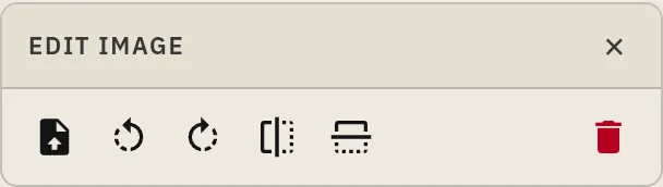 The Edit image panel with Replace, Rotate left, Rotate right, Flip horizontal, Flip vertical, and Remove (trash) buttons