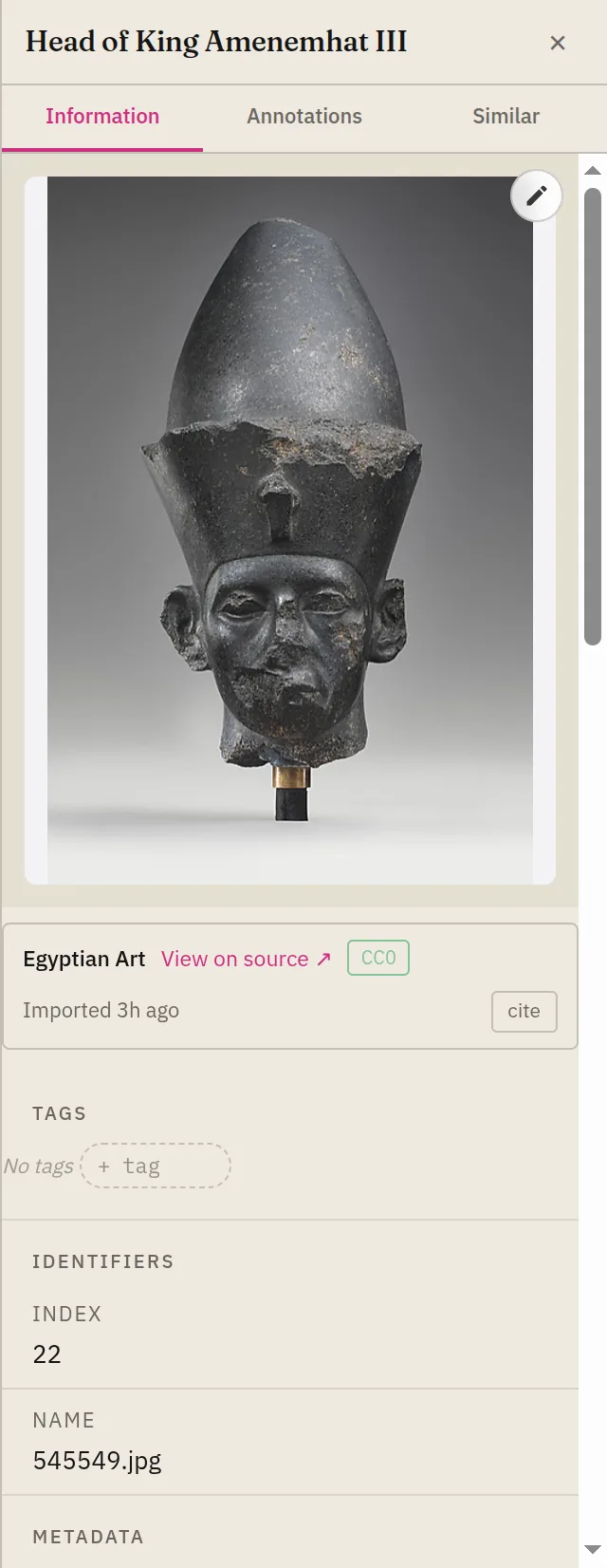 The Inspector Information tab showing an image, its title, tags, source link, and metadata fields