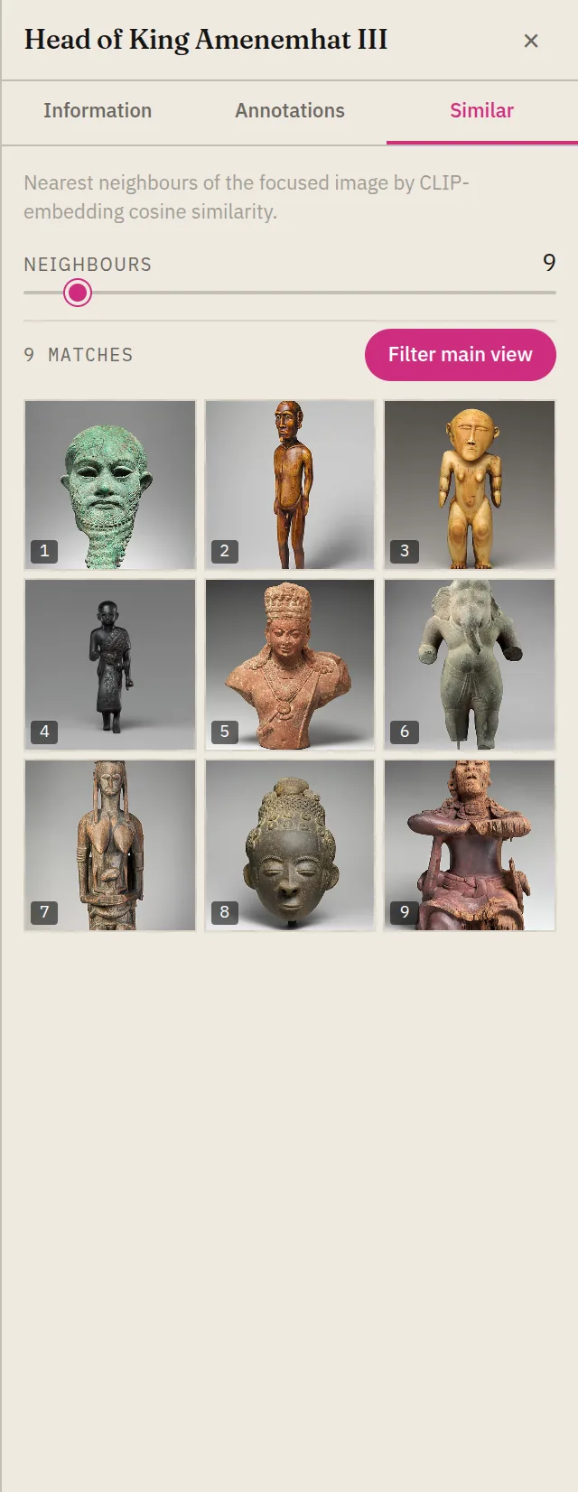 The Inspector Similar tab showing nearest-neighbour images by CLIP similarity, a neighbours slider, and a Filter main view button