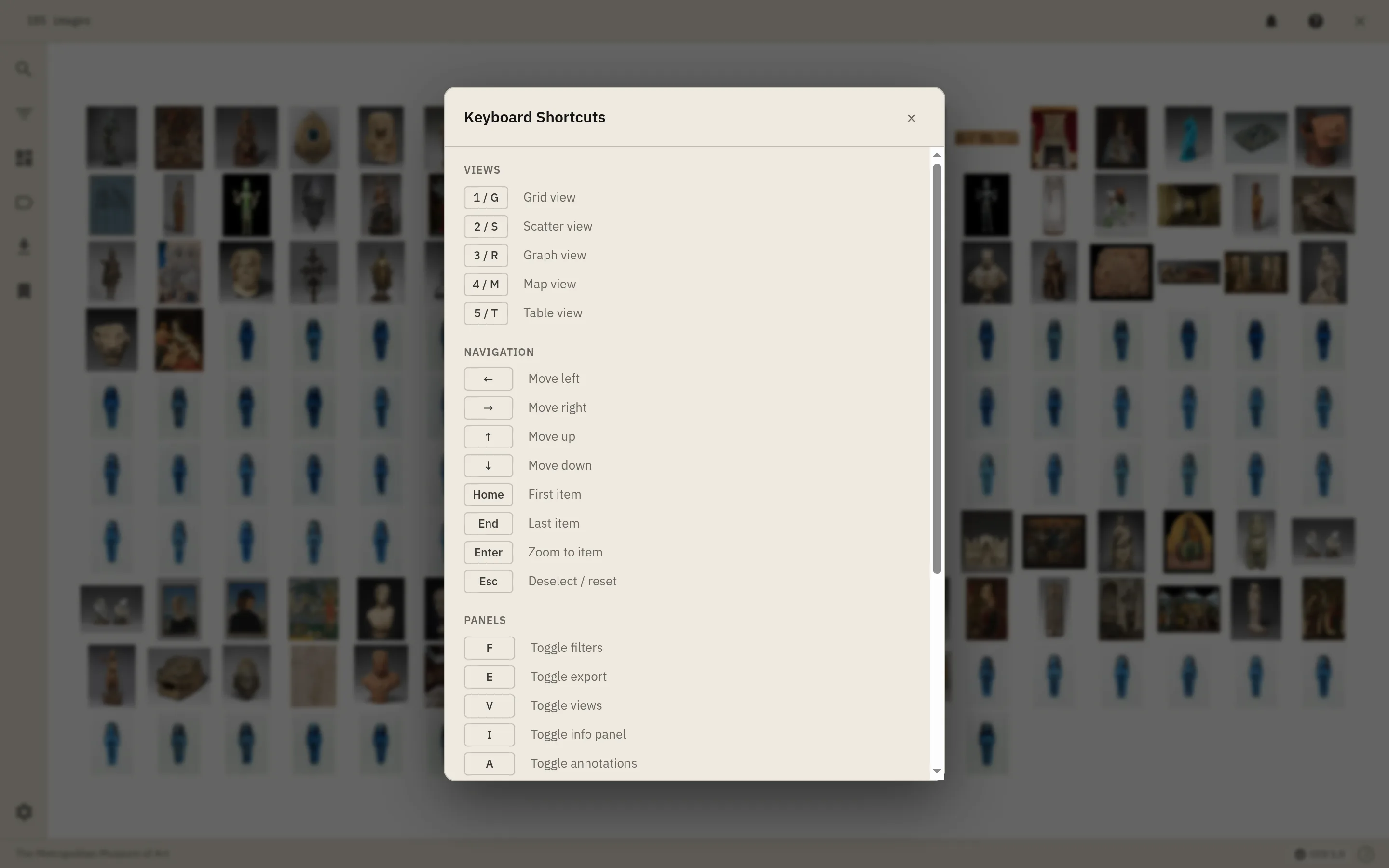 The keyboard shortcuts overlay grouped into Views, Navigation, Panels, and Actions