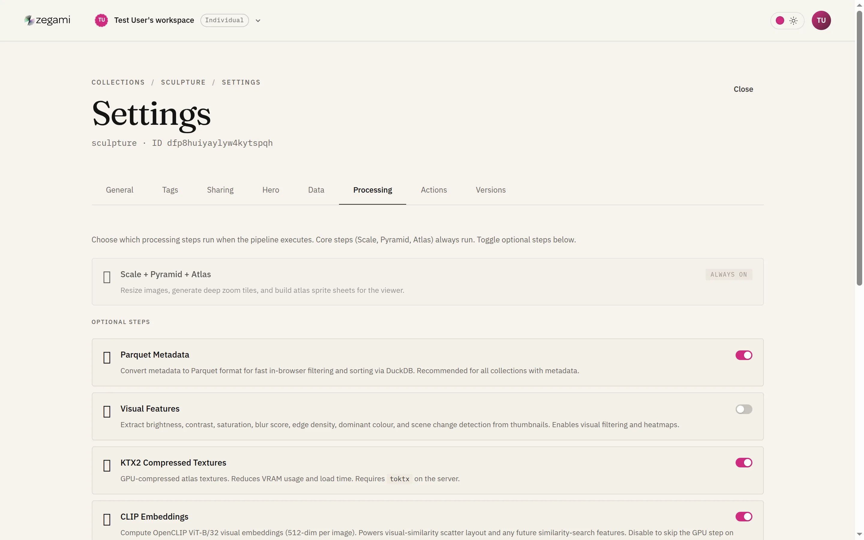 The Processing tab listing Scale + Pyramid + Atlas (always on) and optional toggles for Parquet, Visual Features, KTX2, and CLIP