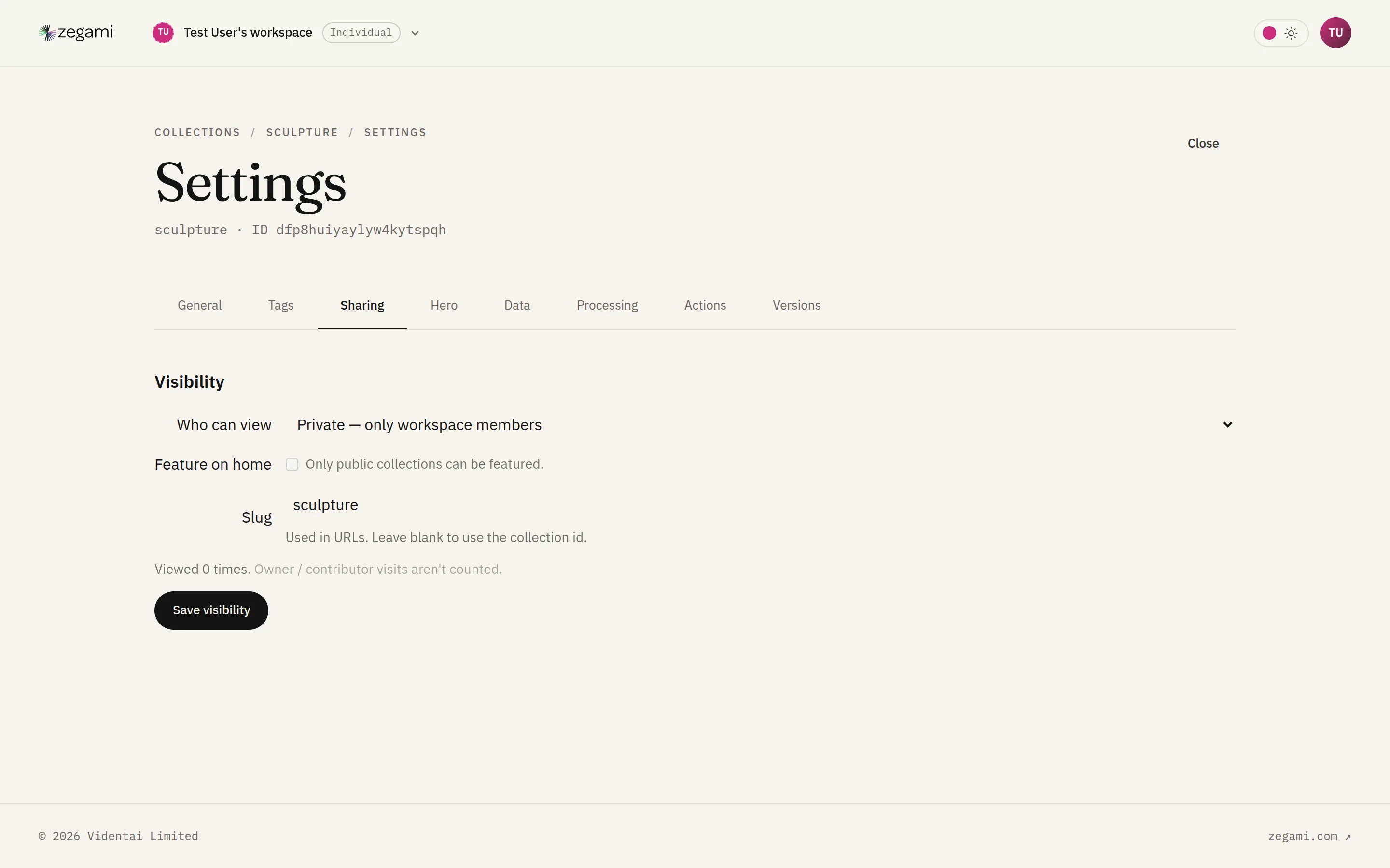 The Sharing tab with visibility options, custom slug, and featuring controls