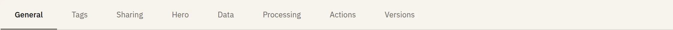 The collection settings tab bar: General, Tags, Sharing, Hero, Data, Processing, Actions, Versions