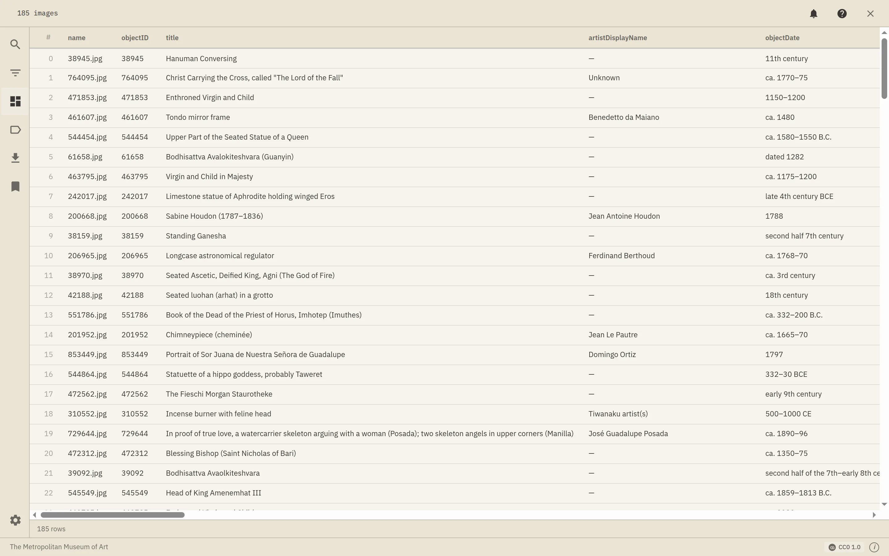 The Table view showing image rows with metadata columns