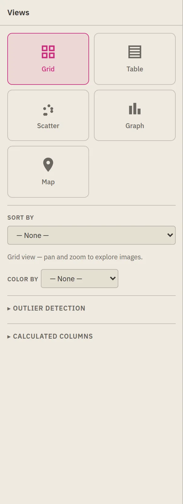 The Views panel showing Grid, Table, Scatter, Graph, Map, plus Sort by and Colour by controls