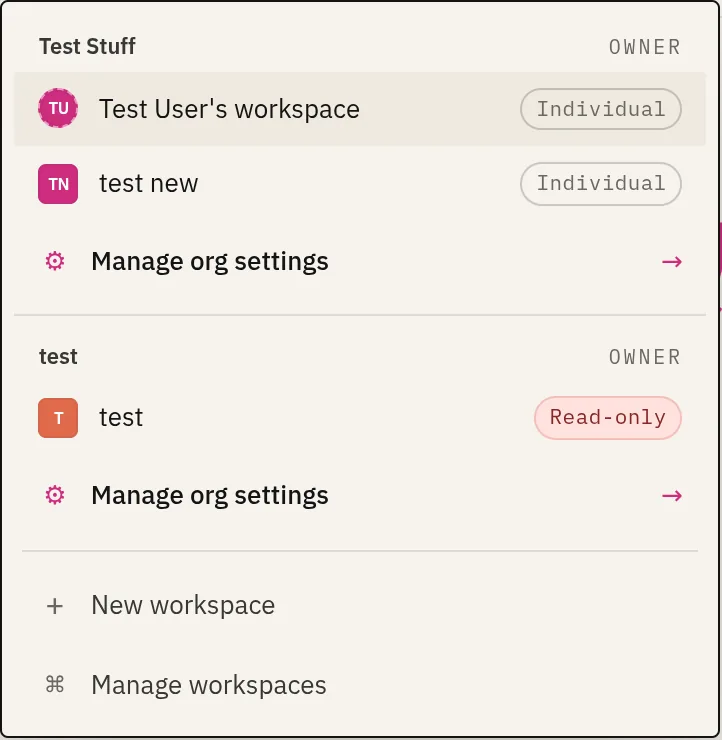The workspace switcher dropdown, listing workspaces grouped by organisation with plan badges, plus New workspace and Manage workspaces